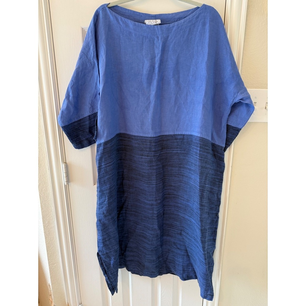 La Fixsun Blue Linen Colorblock Midi Dress Lagenlook Oversized Made in USA Large - Picture 6 of 8